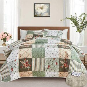 Quilt Set Full/Queen Size, 3 Pieces Green Floral Plaid Summer Bedspread